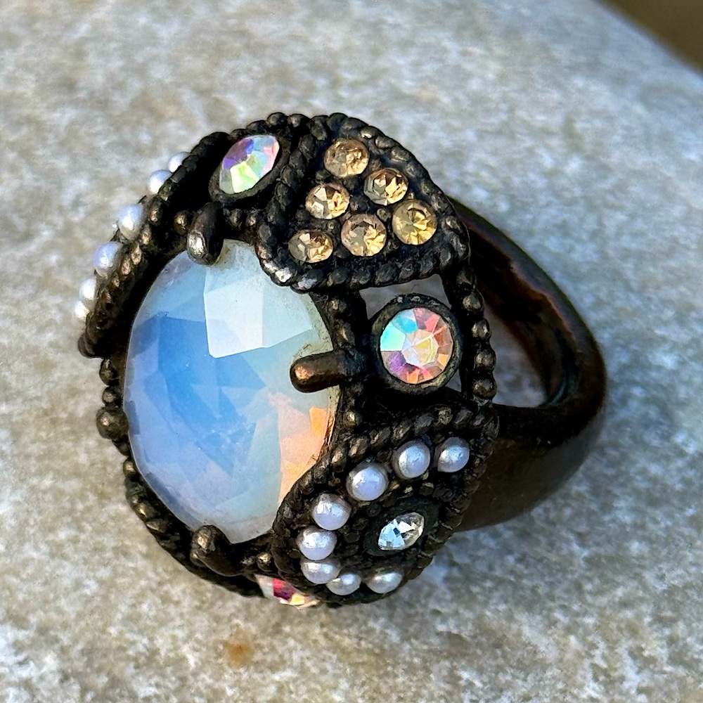 🤩 Vintage Opalite Aurora Borealis AB Pearl Bronze Tone Ring Adjustable 7 8 8.5